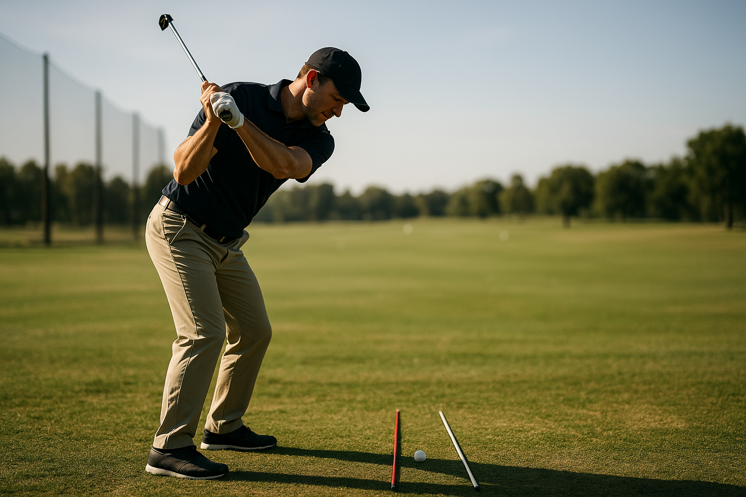 Golfer practicing one of the best drills for golf swing accuracy with alignment sticks on a driving range