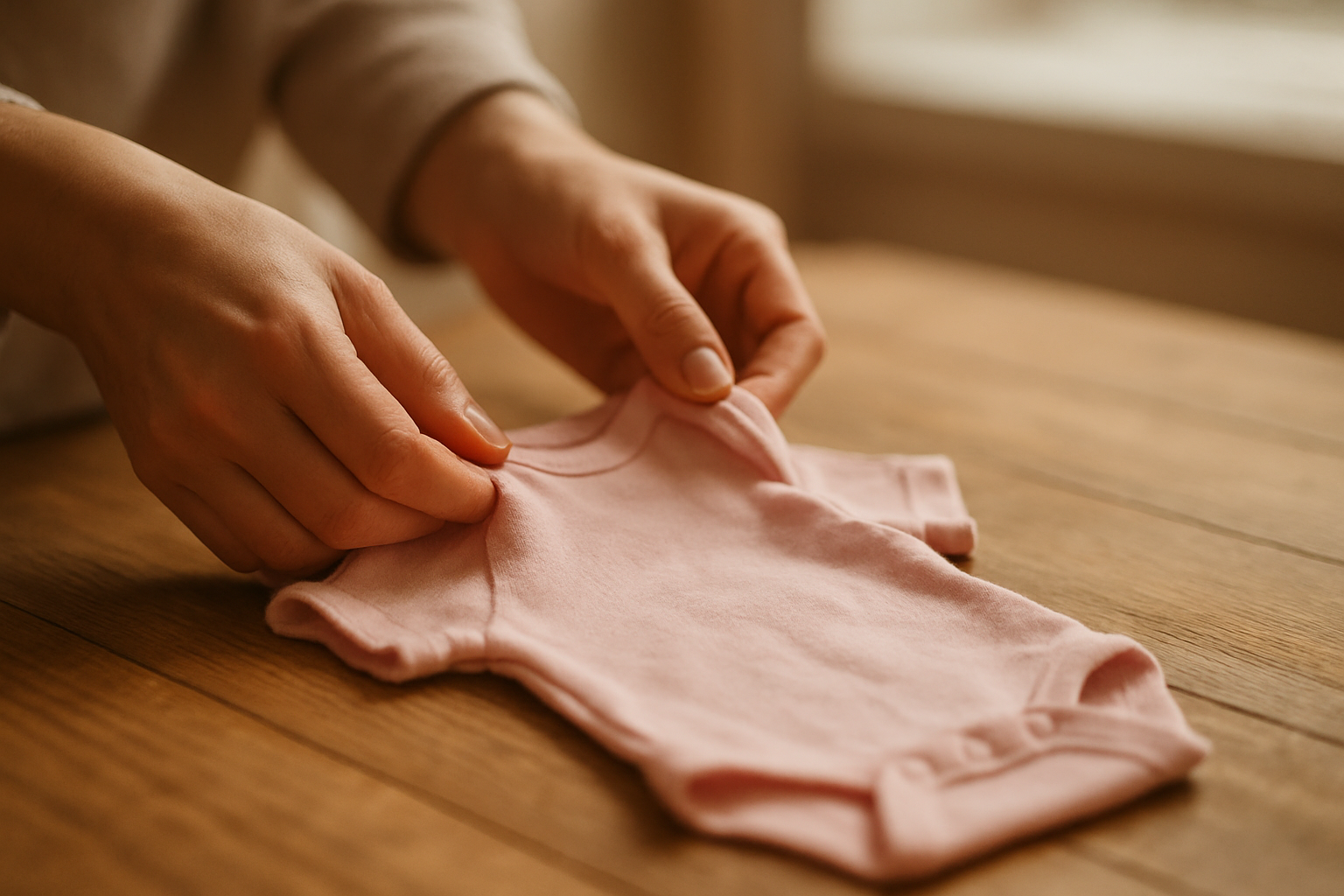 Parent folding a designer baby romper as part of a nursery clothing rental swap