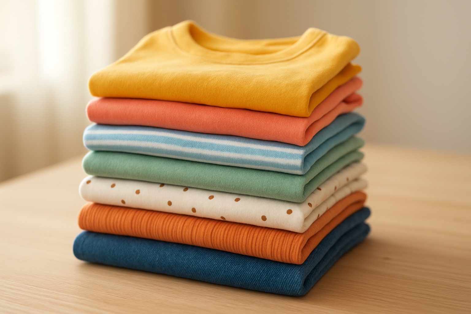 Curated children's clothing items from a subscriptions for kid's fashion service neatly arranged on a wooden surface