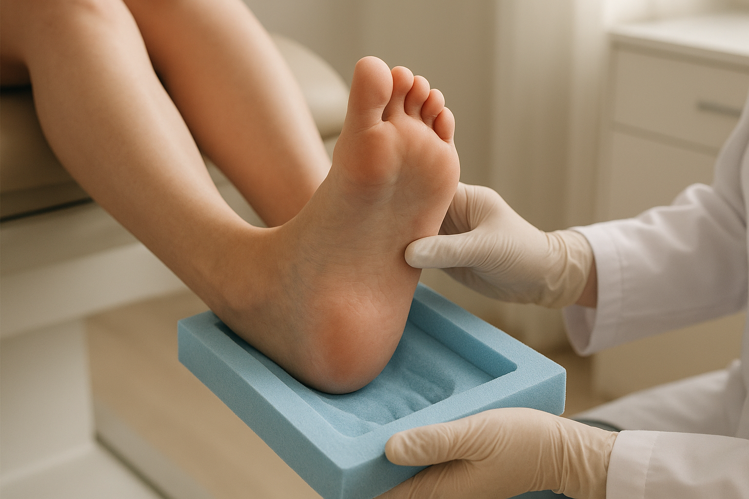 Podiatrist creating a foot mold for custom shoe inserts for pain relief