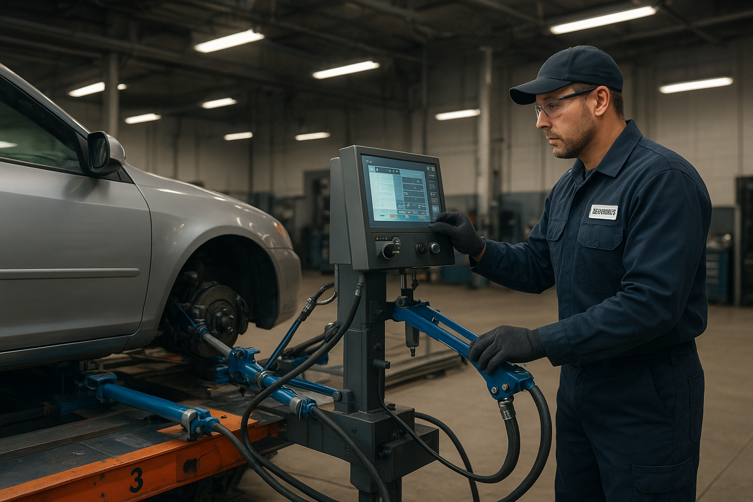 Certified technician using computerized frame straightening equipment at a professional frame body shop near me