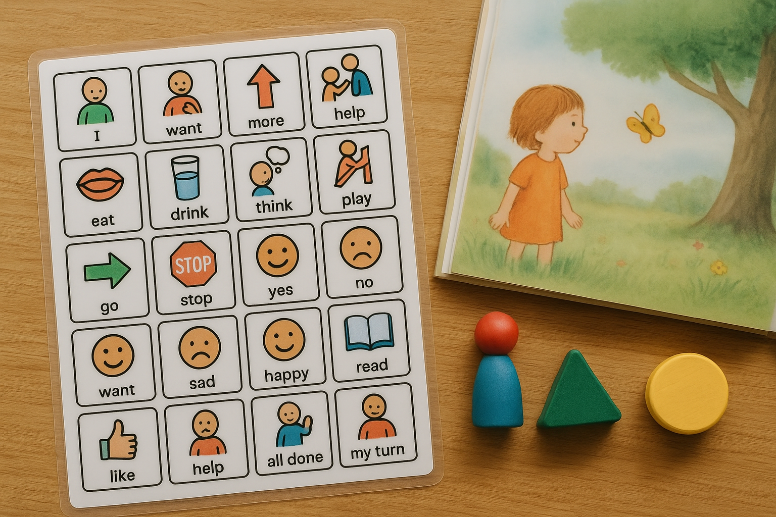 Core vocabulary board and storybook used for story-based speech therapy activities