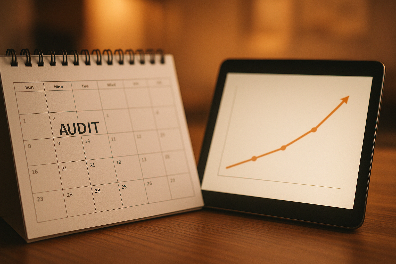 Calendar and tablet showing a recurring schedule for website audit monitoring