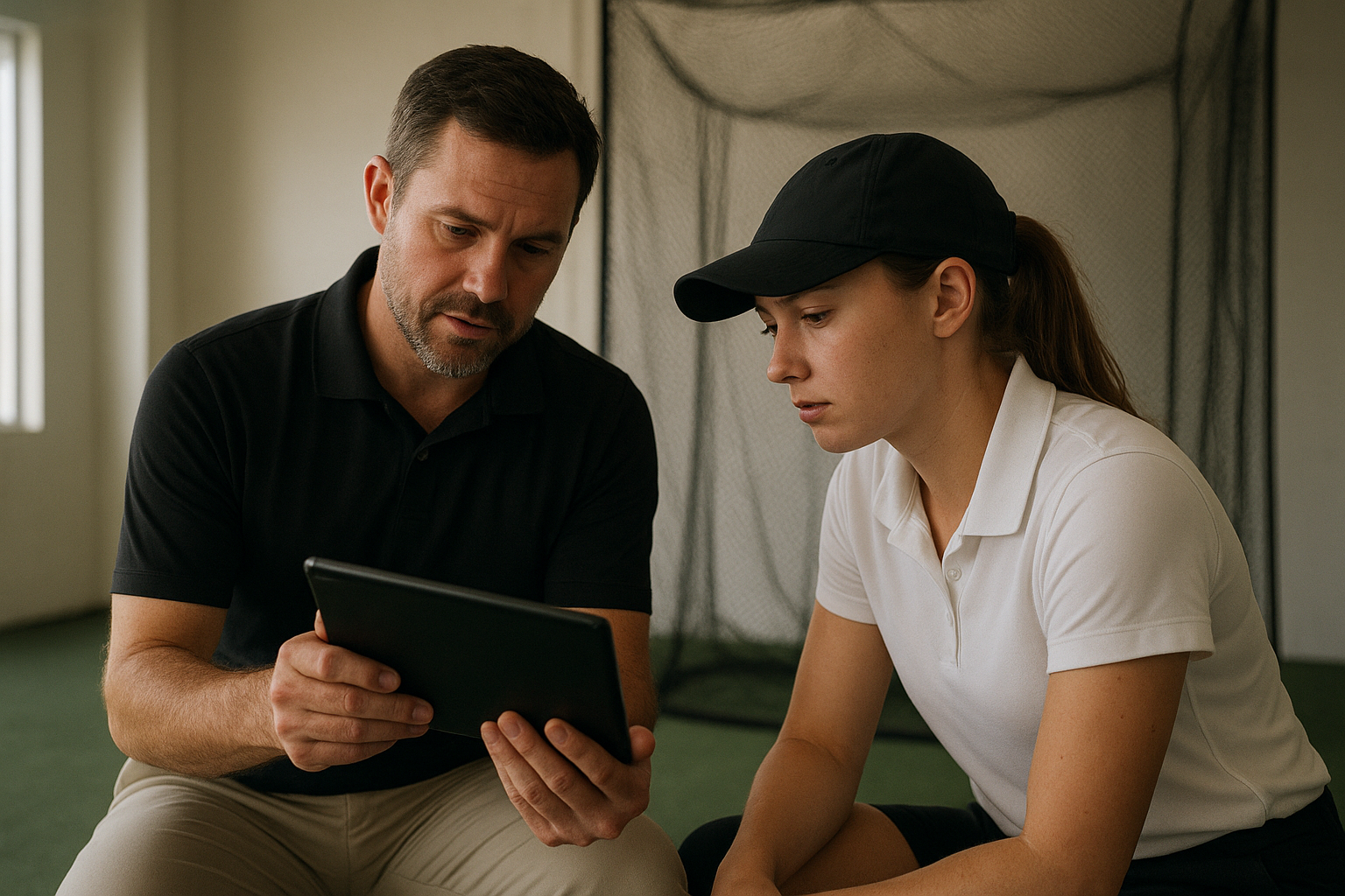 Coach and golfer reviewing swing video footage to identify injury risk patterns