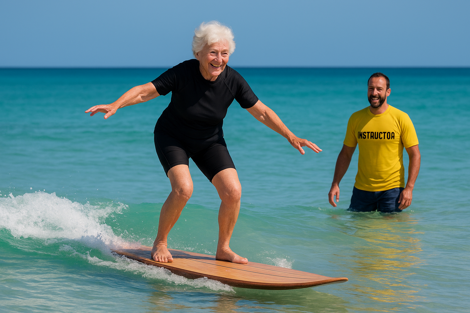 Senior woman riding a small wave during surf lessons for active seniors
