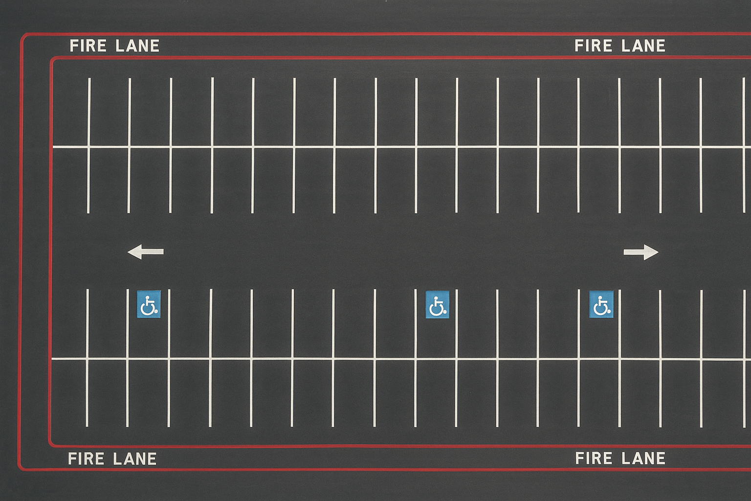 Aerial view of a commercial parking lot showing fire lane and ADA compliance markings