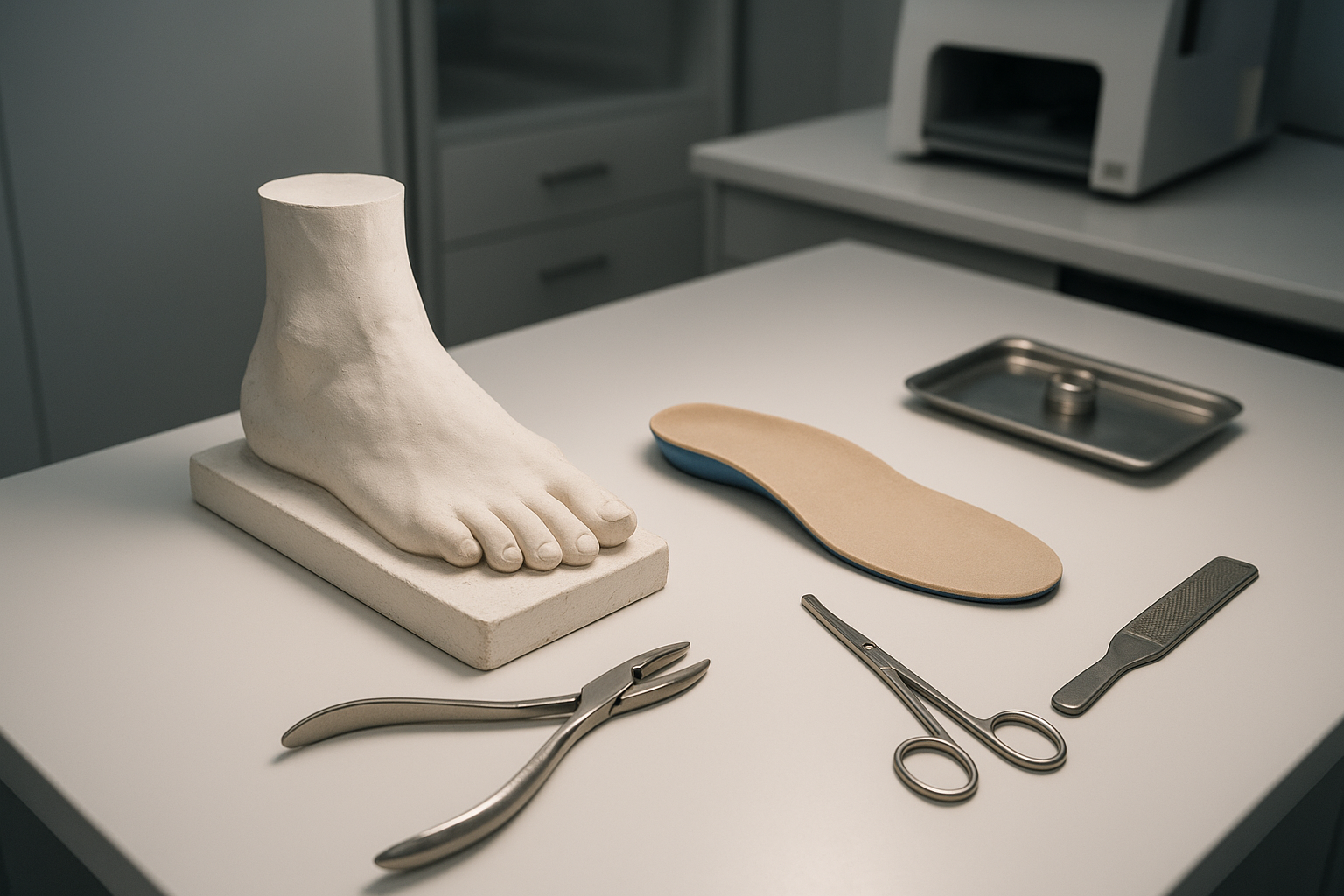 Podiatry lab technician fabricating a custom orthotic insert from a foot mold