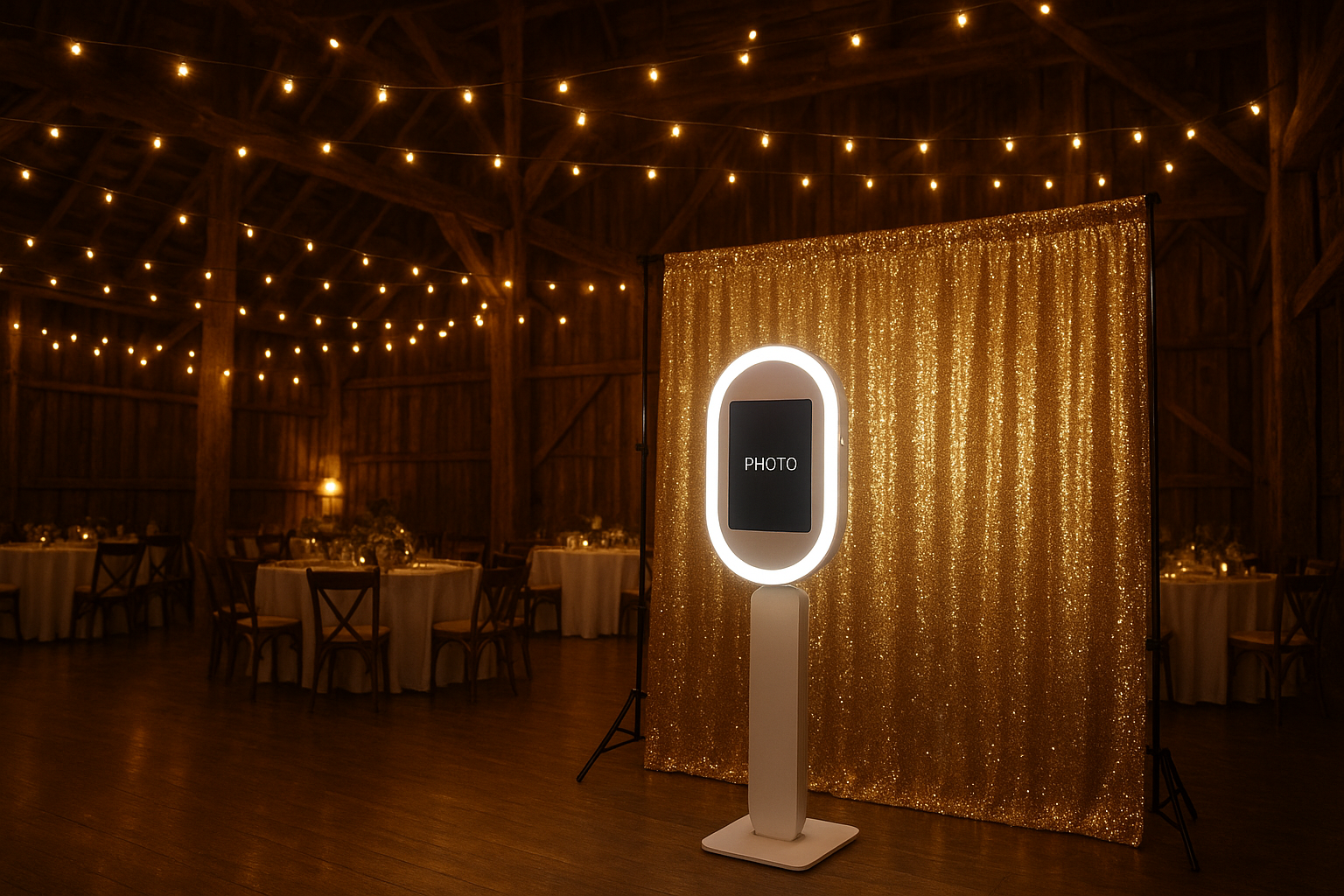 Photo booth rental Ferdinand Indiana setup at a rustic barn wedding reception with string lights