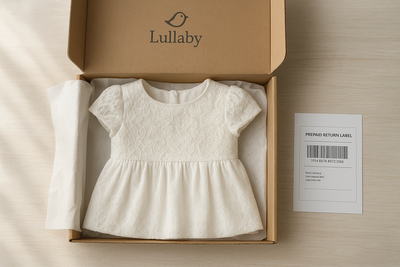 Rented children's formal dress packed in a shipping box with prepaid return label
