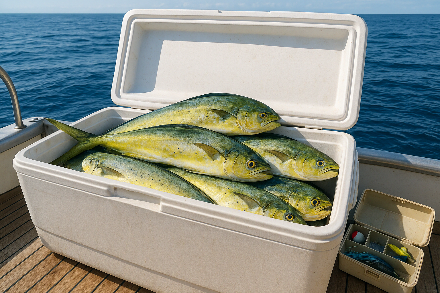 Fresh catch from a deep sea fishing trip displayed on a charter boat deck near Myrtle Beach