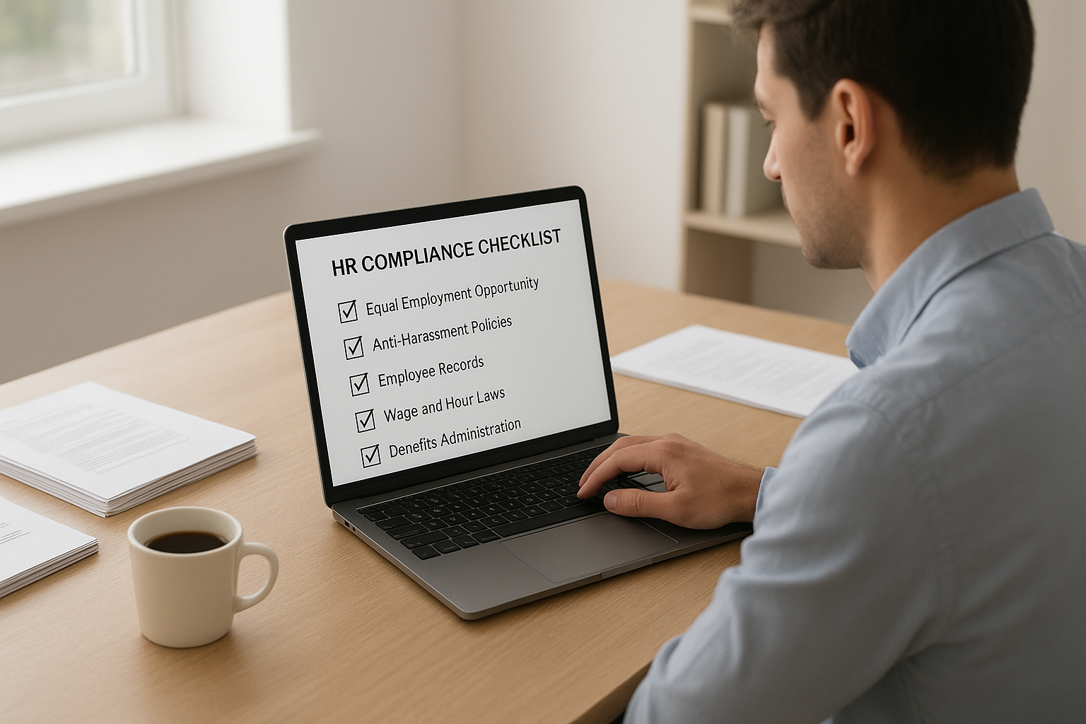 Small business owner reviewing an HR compliance checklist as part of human capital management consulting process