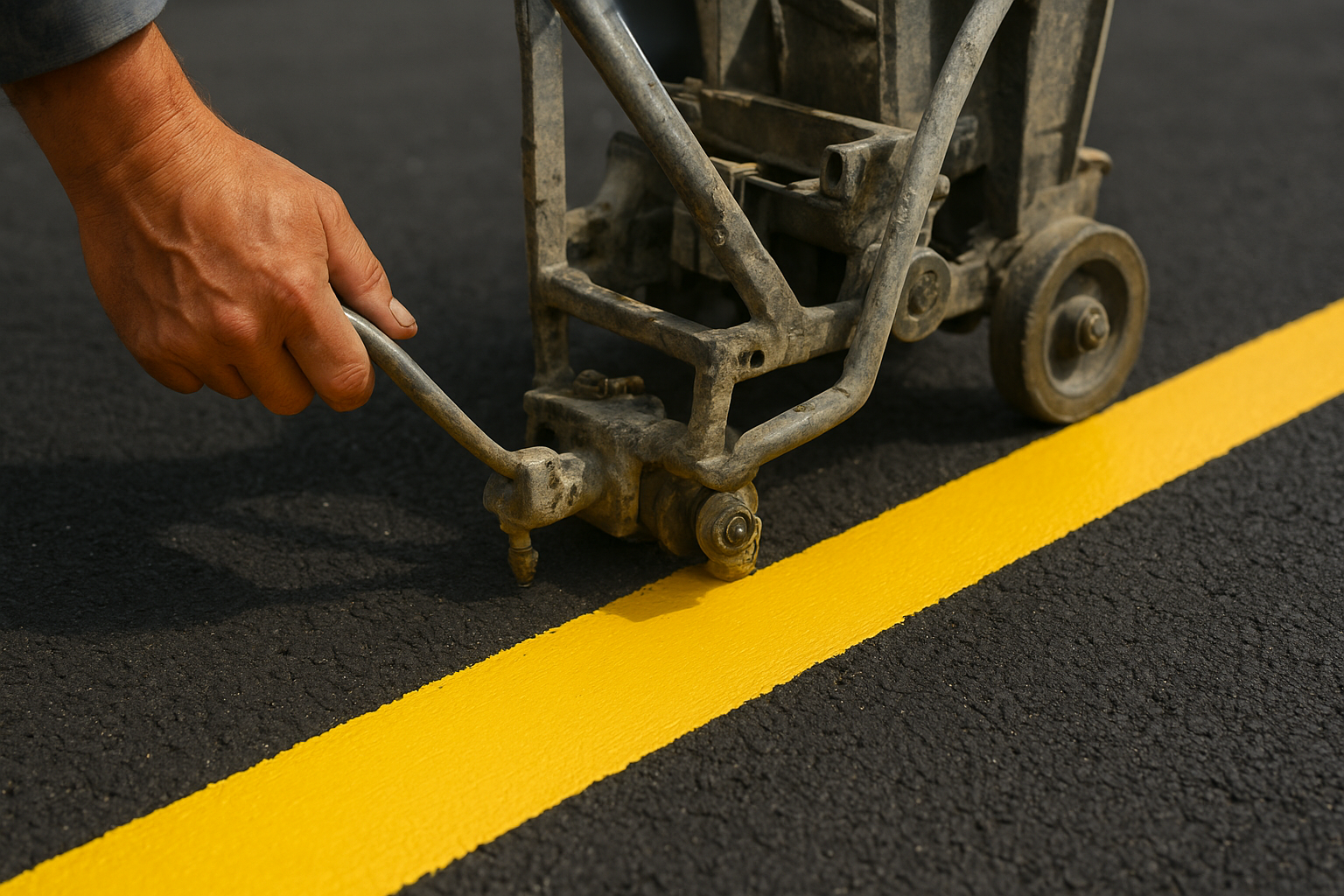 Contractor operating a line striping machine on a Texas commercial parking lot