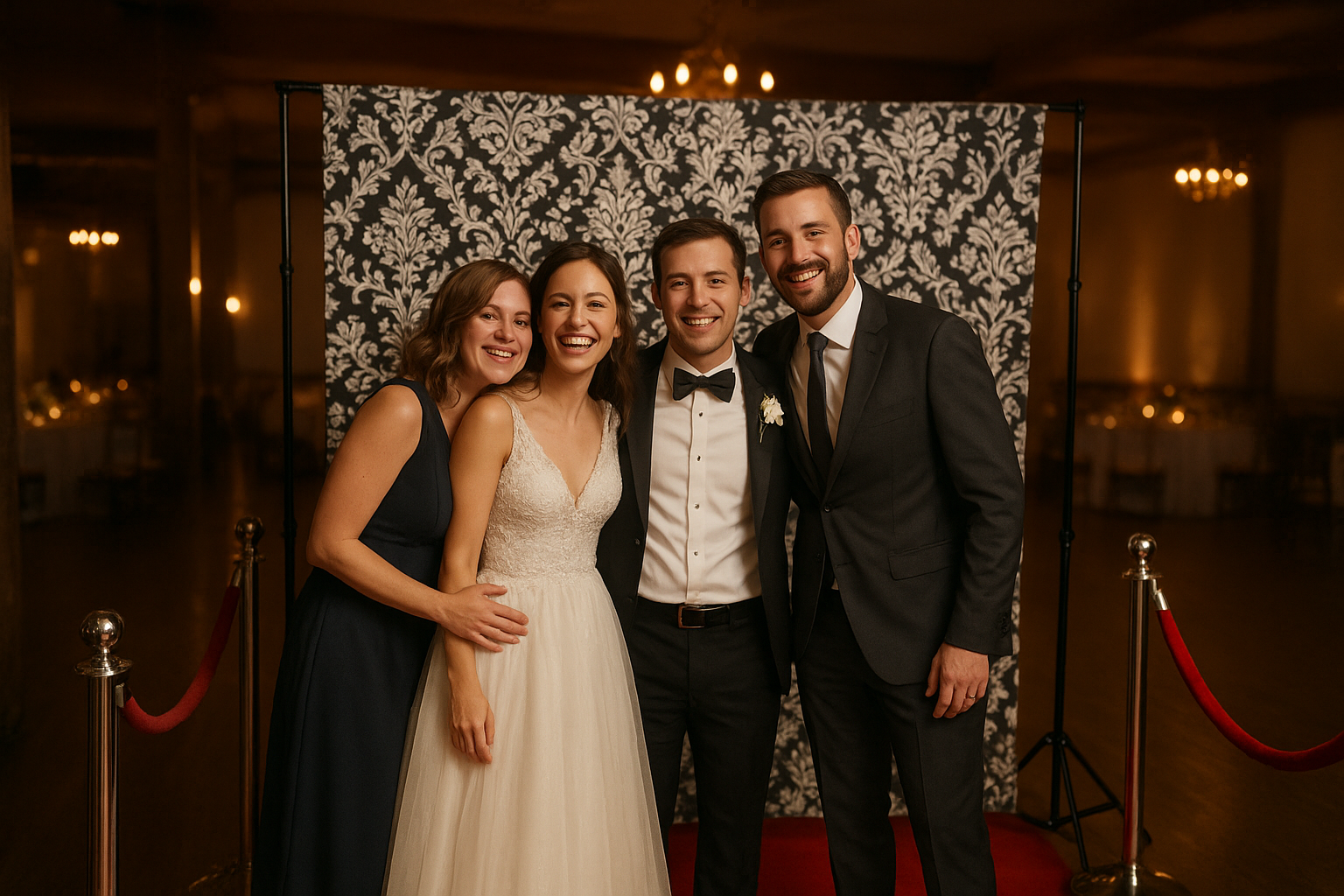 Wedding reception photo booth setup with black and white backdrop and red carpet