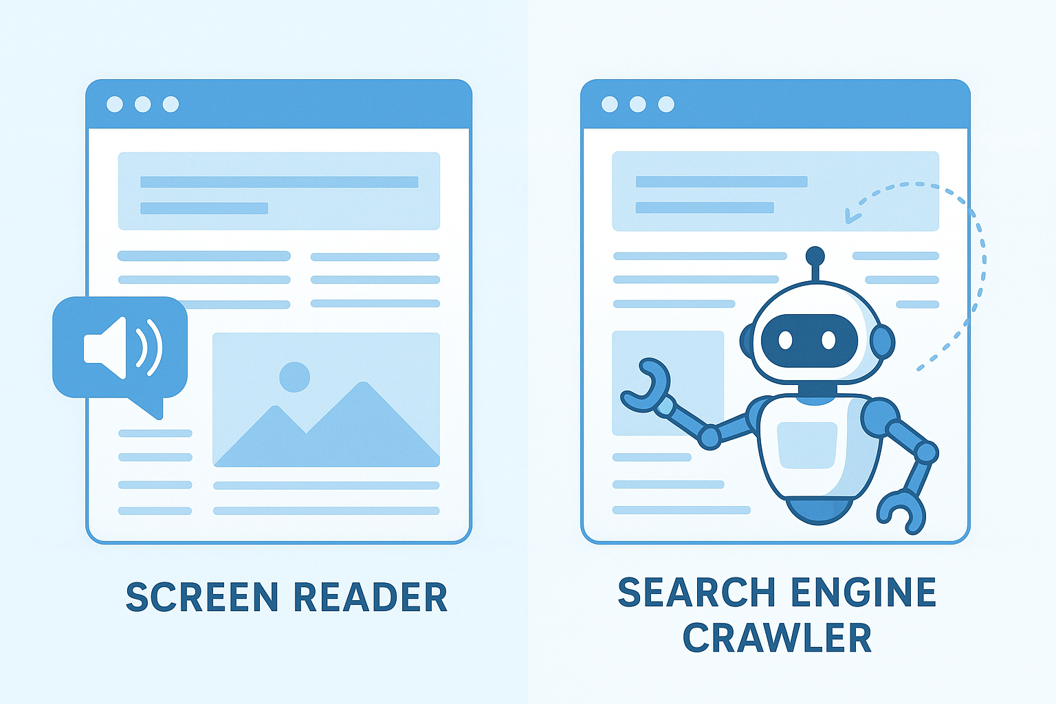 Diagram comparing how a screen reader and a search engine crawler both interpret semantic HTML structure