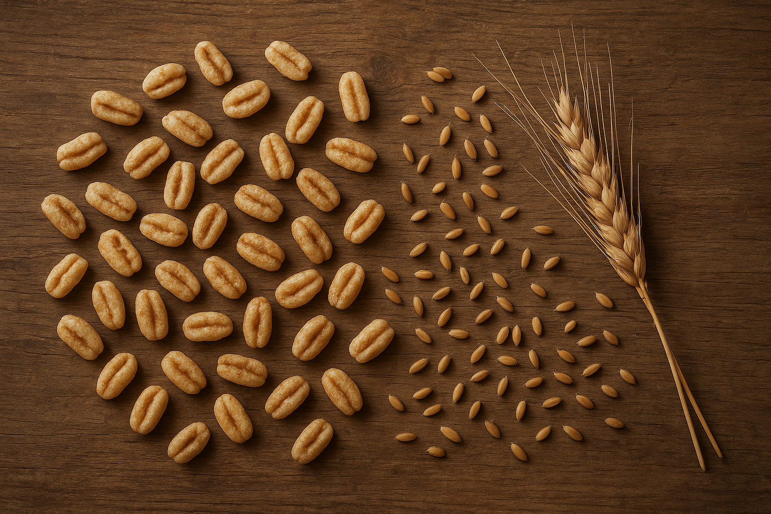 Puffed whole grain cereal pieces next to raw wheat kernels showing minimal processing