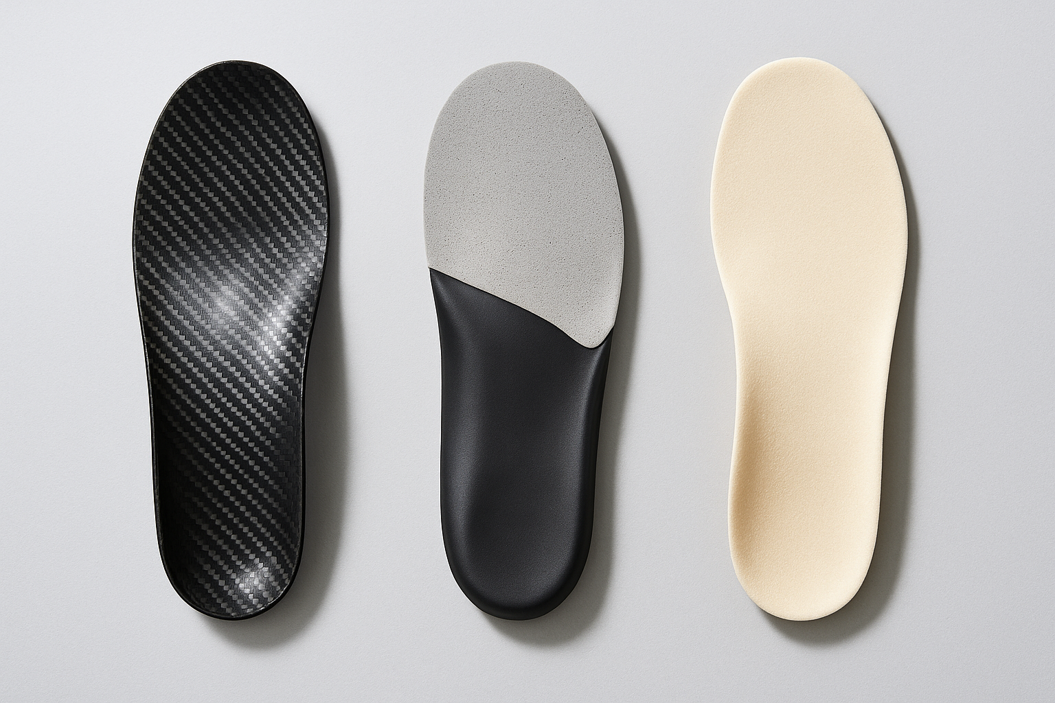 Three types of orthotic insoles — rigid, semi-rigid, and soft — displayed on a grey surface