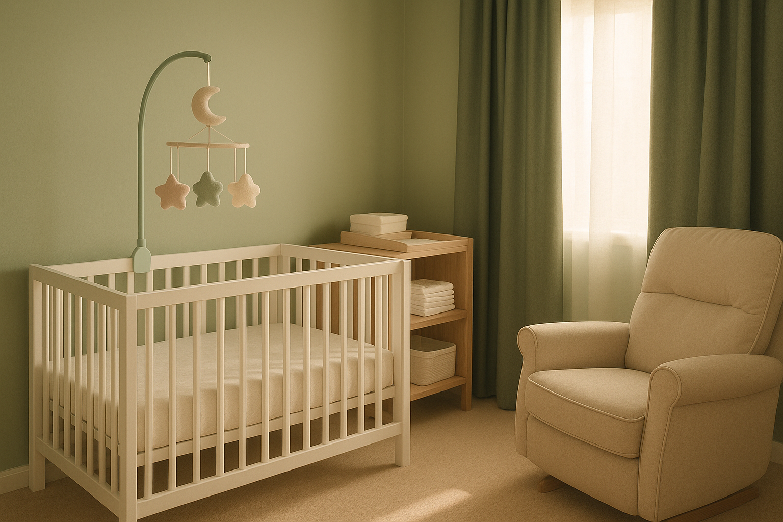 Fully set up nursery room with essential nursery products for newborns including crib, changing table, and glider
