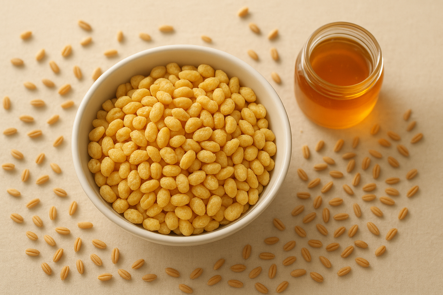 Bowl of cereal without cane sugar made from puffed whole grains and sweetened with honey