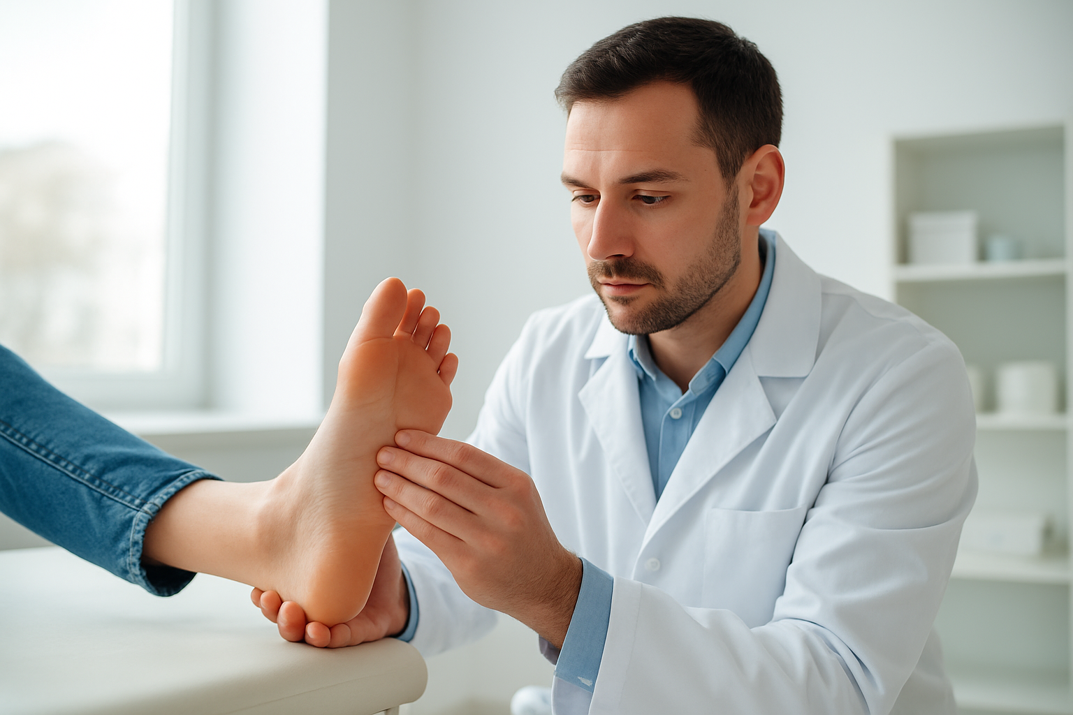 Podiatrist examining a patient's foot to diagnose foot pain during a consultation