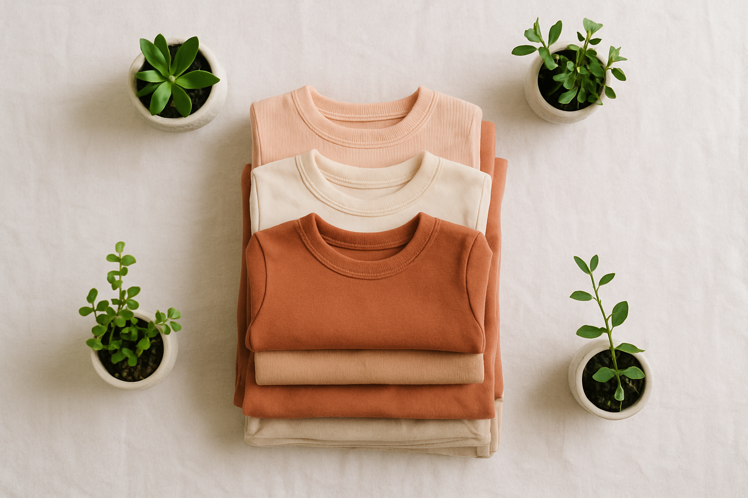 Flat lay of premium folded children's garments from a sustainable kids clothing delivery subscription