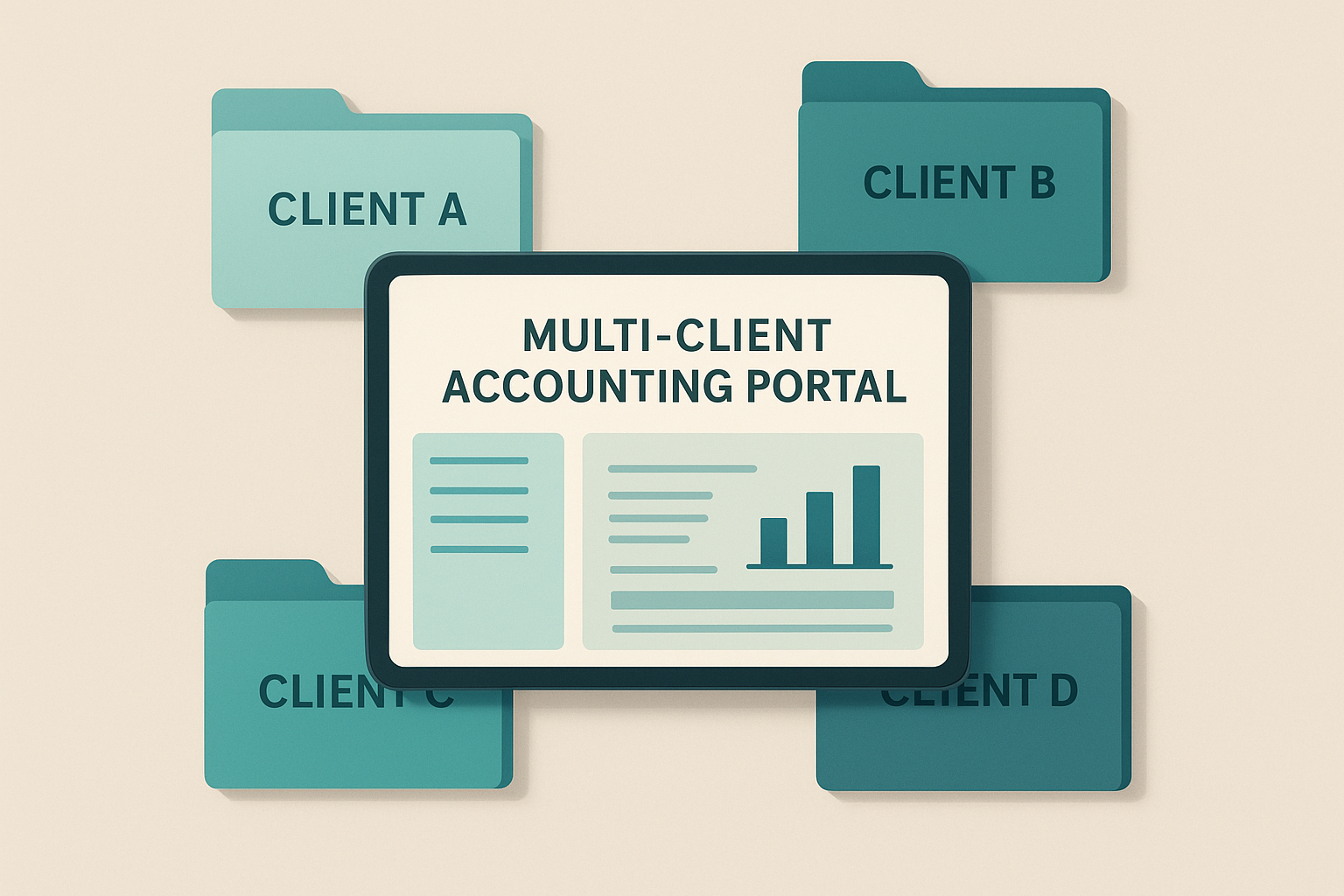 Multi-client portal screen showing isolated client books and staff role assignments