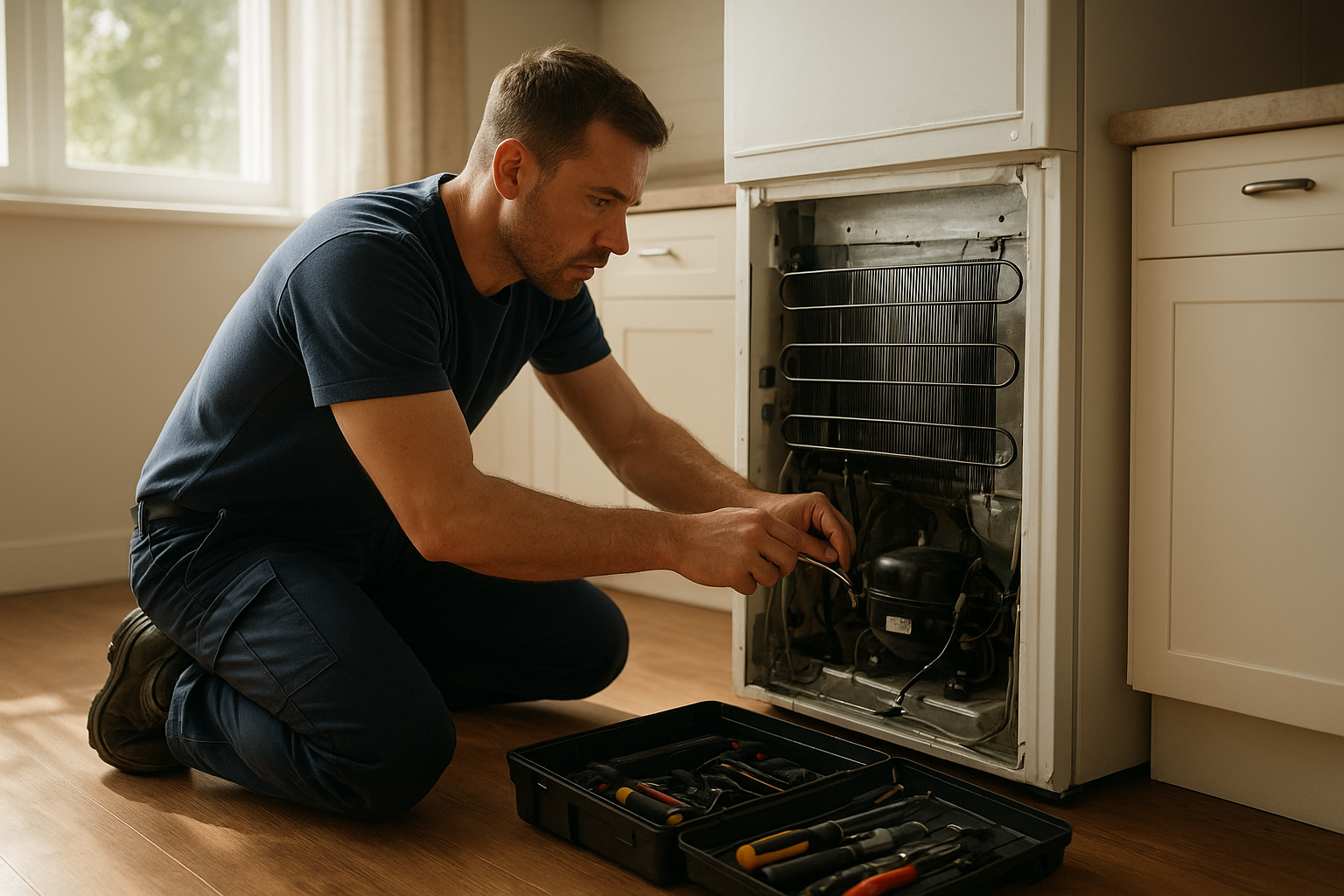 Technician performing same-day appliance repair on a kitchen refrigerator