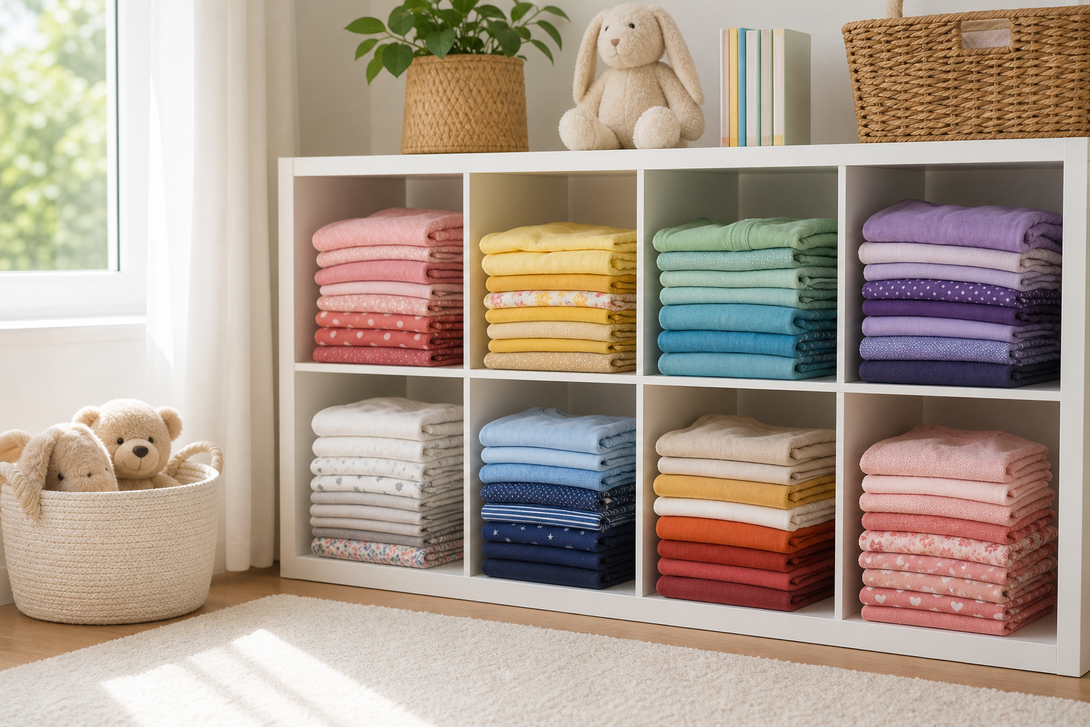 Rack of colorful rotating children's wardrobe pieces organized by size