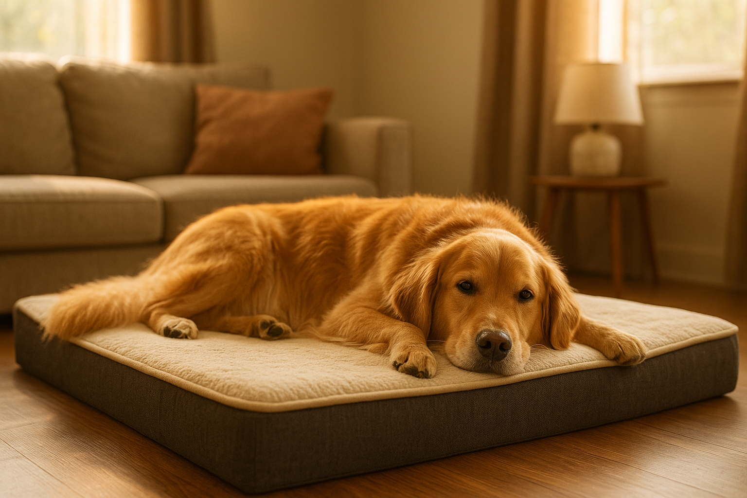 Large dog resting on an orthopedic dog bed designed for joint support