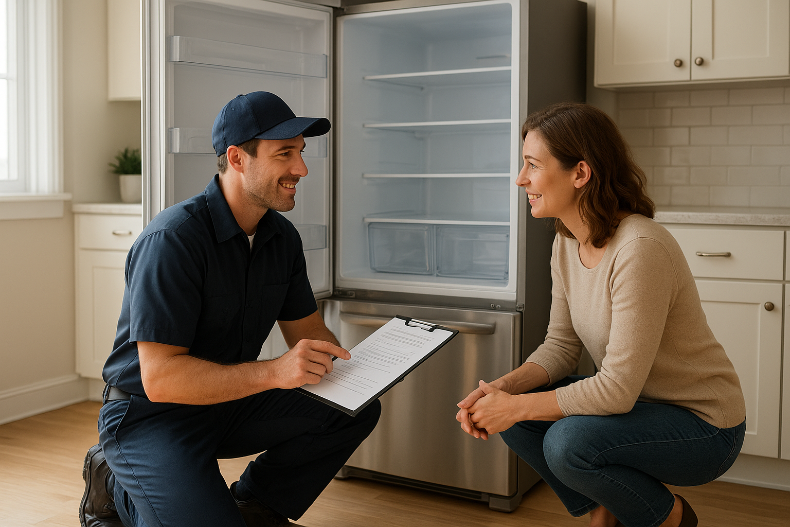 Technician explaining appliance repair estimates to a homeowner in a kitchen