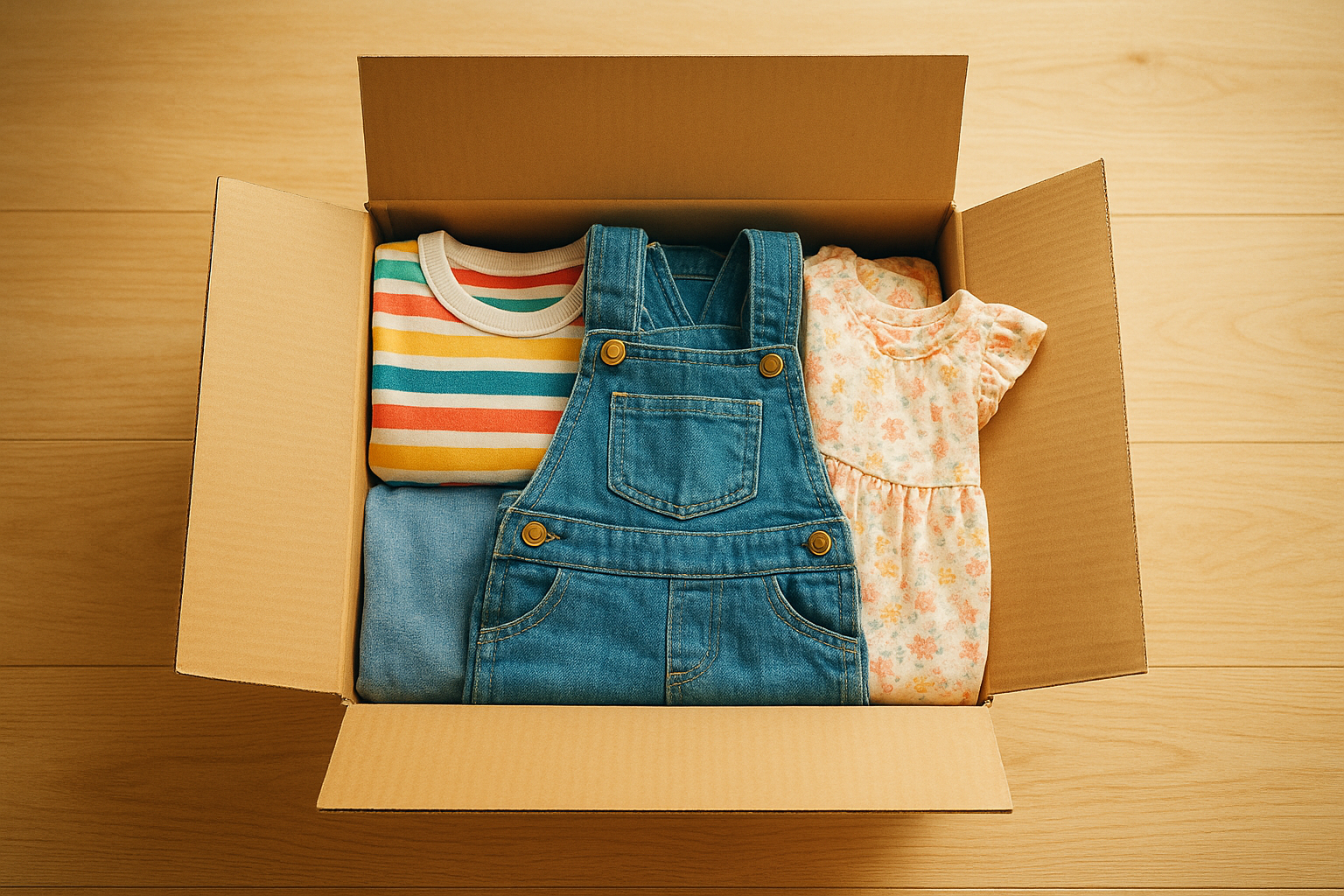 Kids fashion subscription box open on a table showing curated children's clothing items