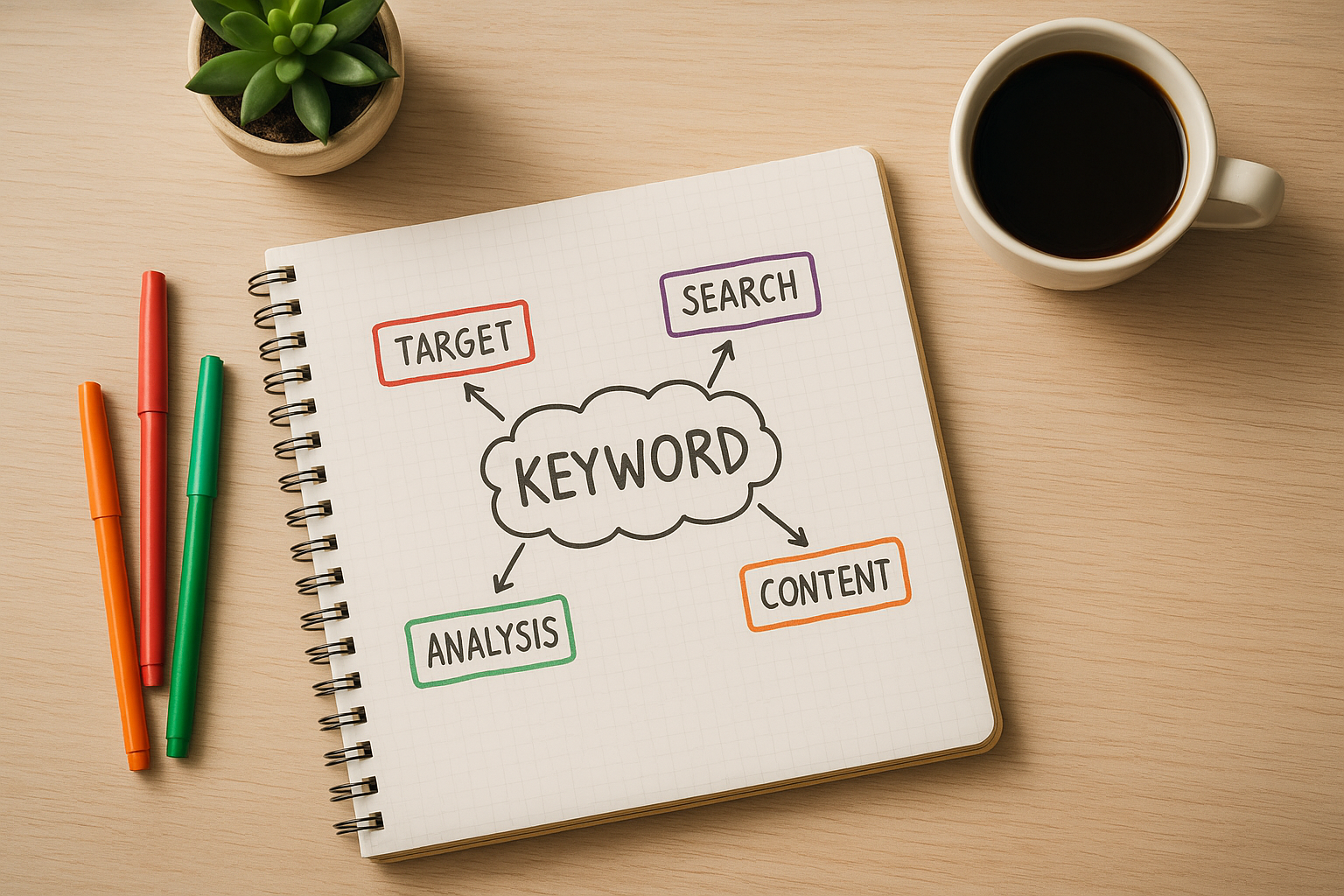 Keyword mapping notebook with color-coded SEO planning diagrams and research notes