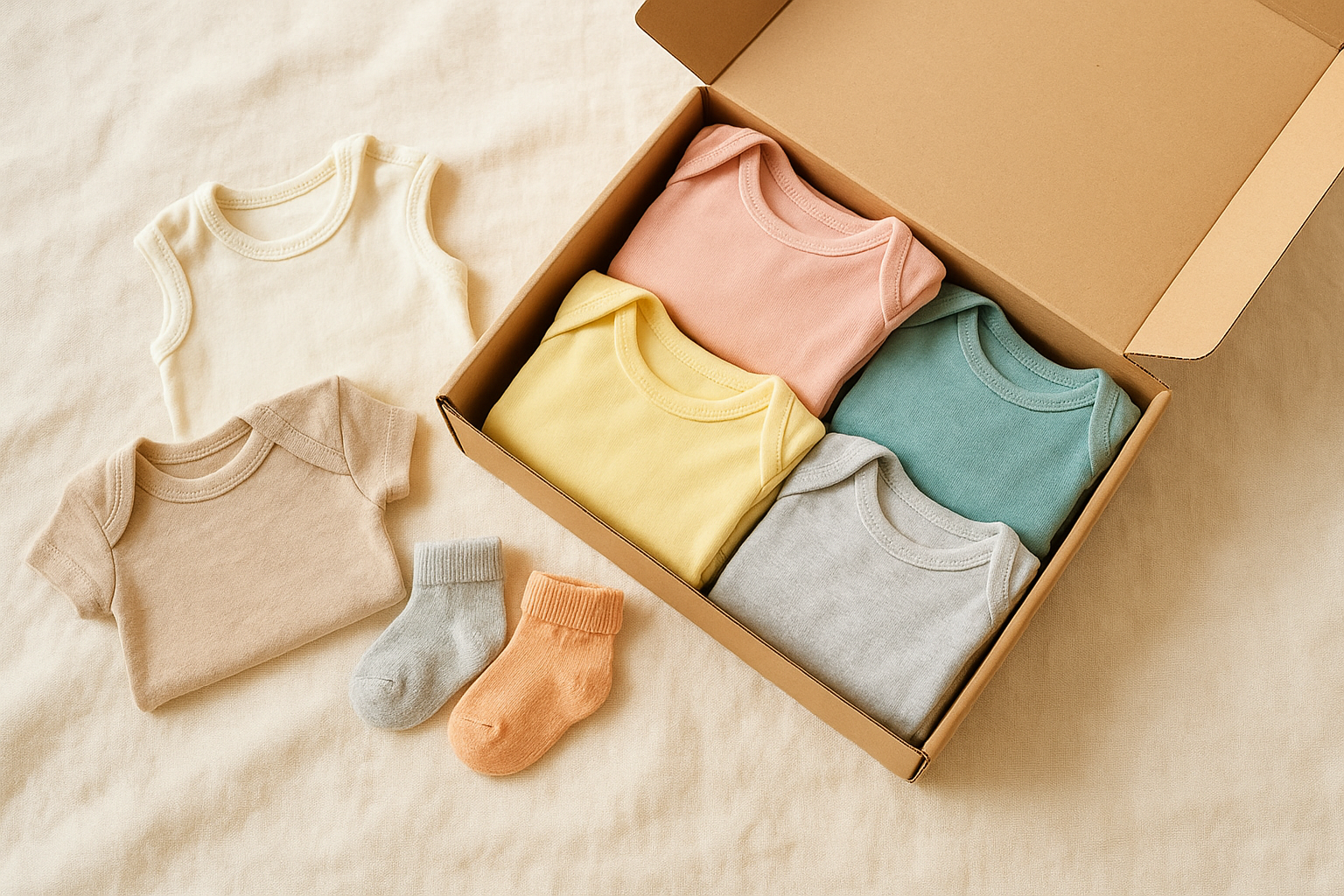convenient baby clothes subscription box filled with colorful infant onesies and rompers