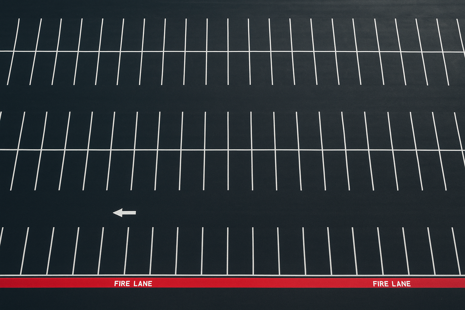 Aerial view of an organized commercial parking lot with directional arrows and fire lane marking near Plano Texas