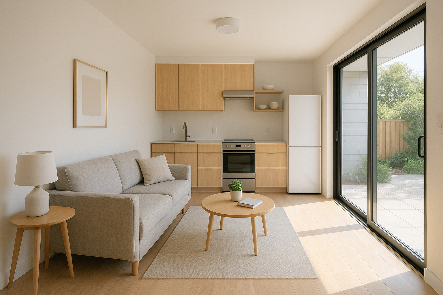 Bright modular ADU interior showing an efficient open-concept living and kitchen layout
