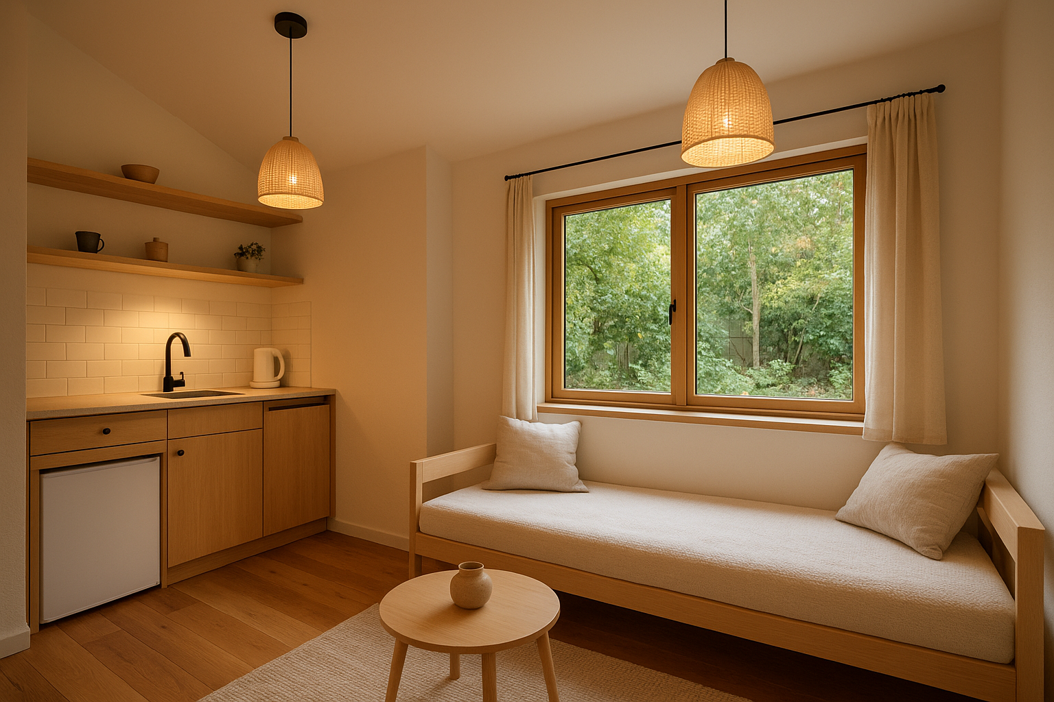 Interior of a compact ADU with kitchenette and warm lighting showing efficient use of space