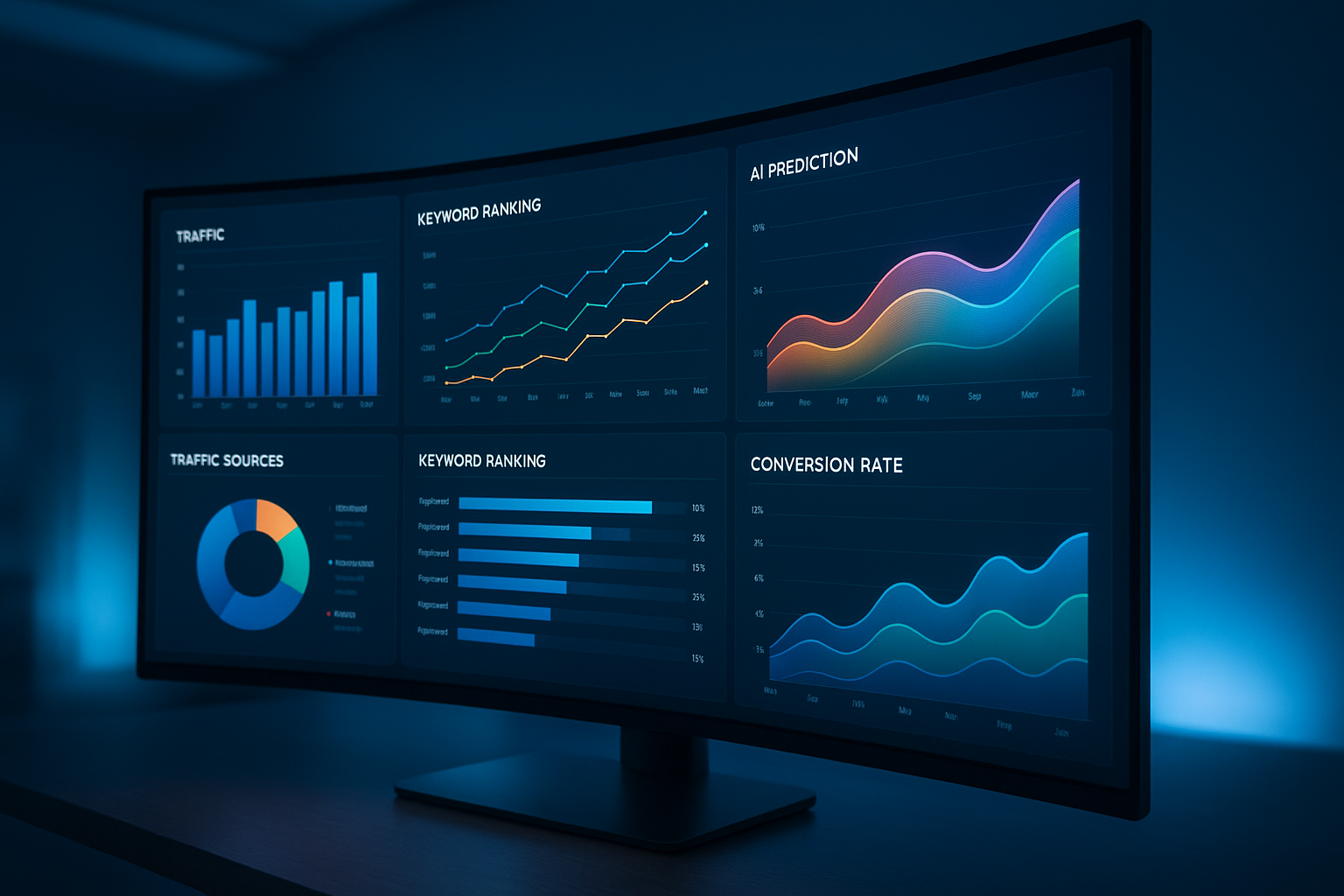 AI-driven SEO analytics dashboard displaying keyword rankings and predictive trend curves on a curved monitor