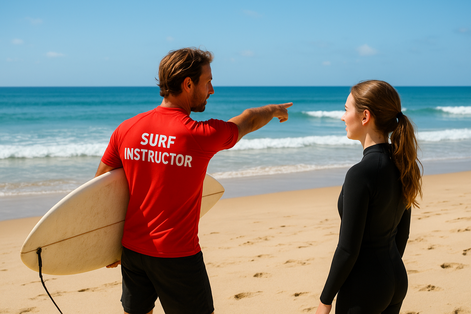 Surf instructor explaining wave and current patterns to a student in Waikiki