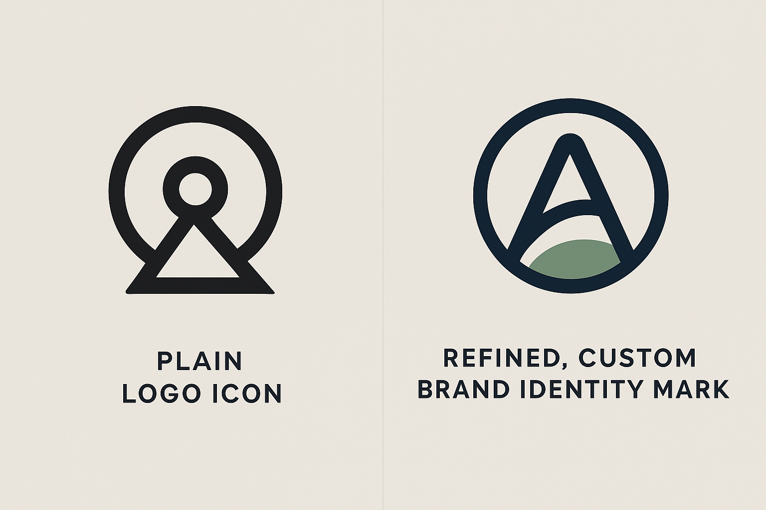 Side-by-side comparison of a generic template logo and a custom brand identity design