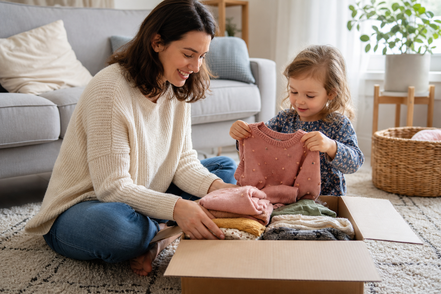 Parent and child unboxing a children's seasonal clothing rental plan delivery at home