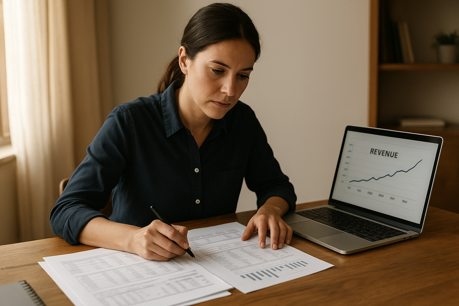 Small business owner reviewing financial documents before applying for business loans for companies making $20k a month
