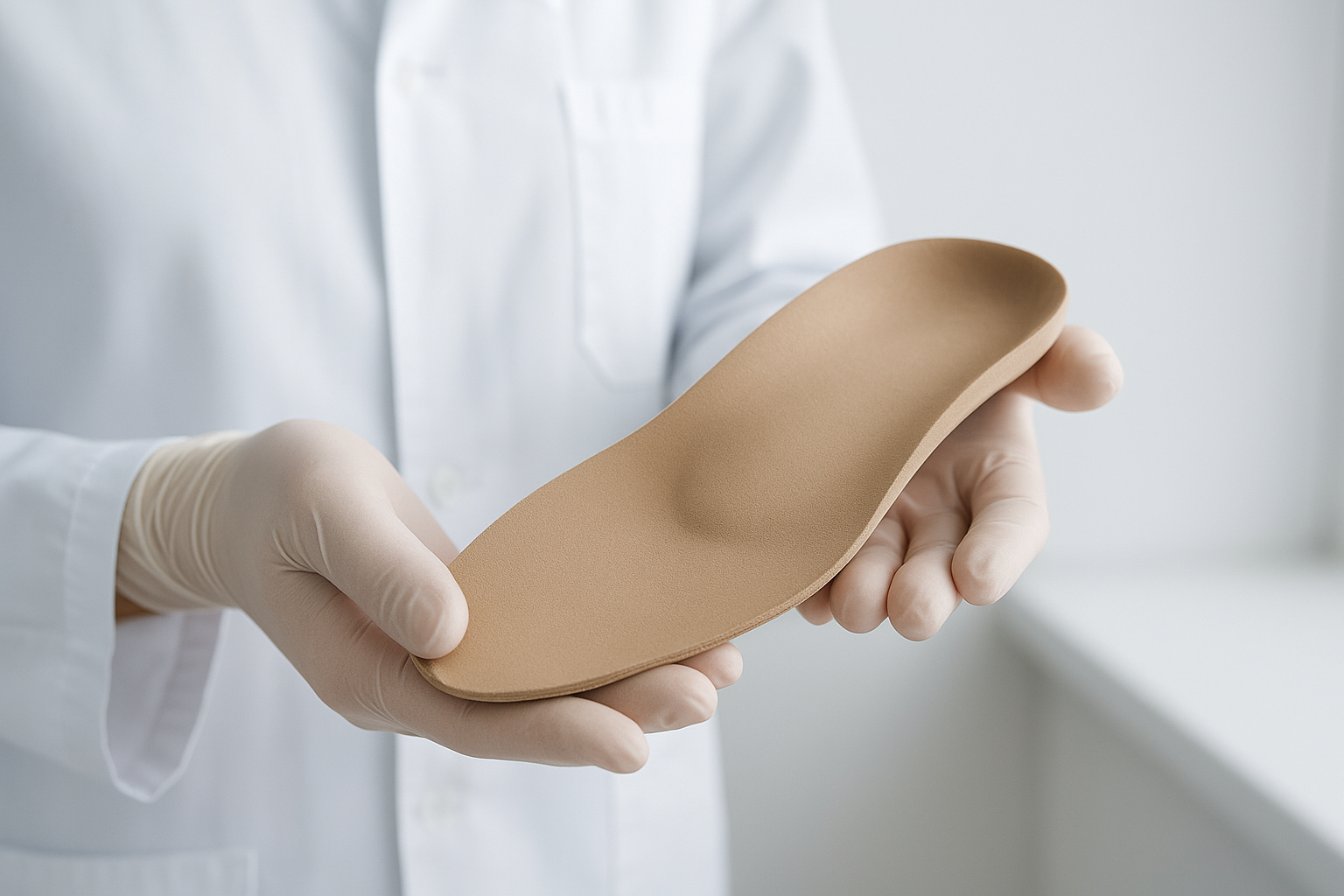 Podiatrist holding a custom orthotic insole crafted from a foot mold for walking support