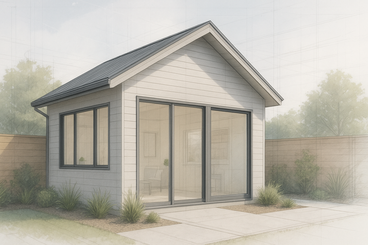 Rendering of an ADU plan showing a modern backyard guest house design