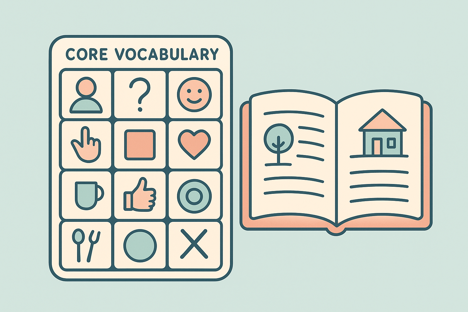 Core vocabulary symbols displayed alongside an illustrated story page used in AAC story activities