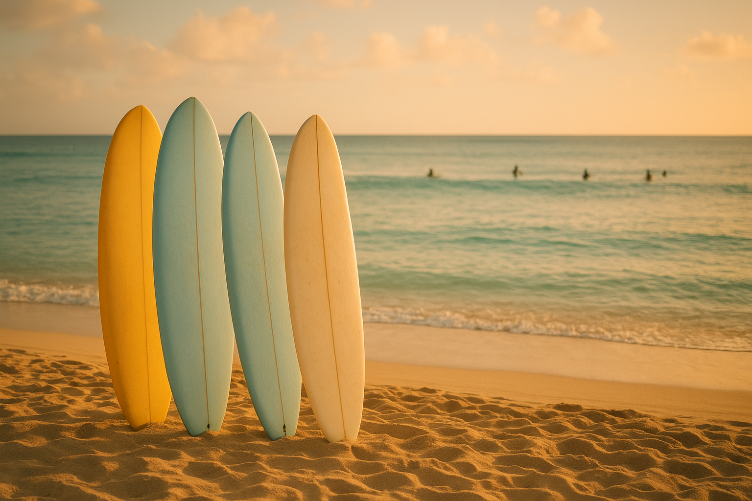 Row of foam surfboards used for beginner surf lessons resting on Waikiki Beach sand