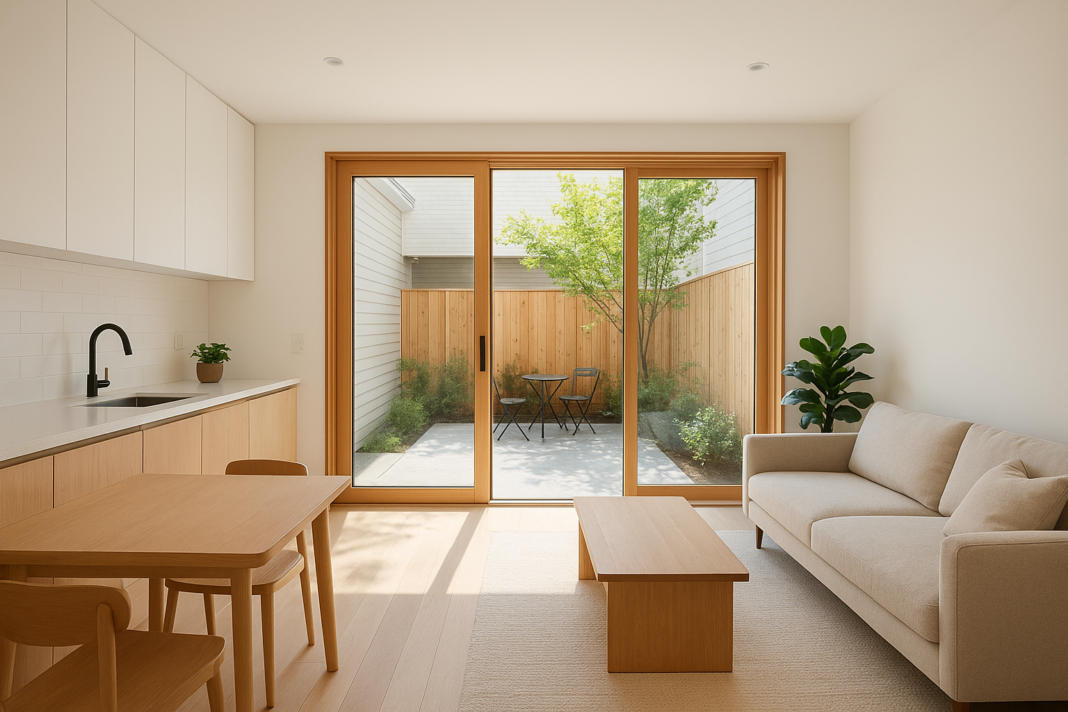 Functional ADU design interior with open floor plan, large windows, and modern kitchen in Southern California
