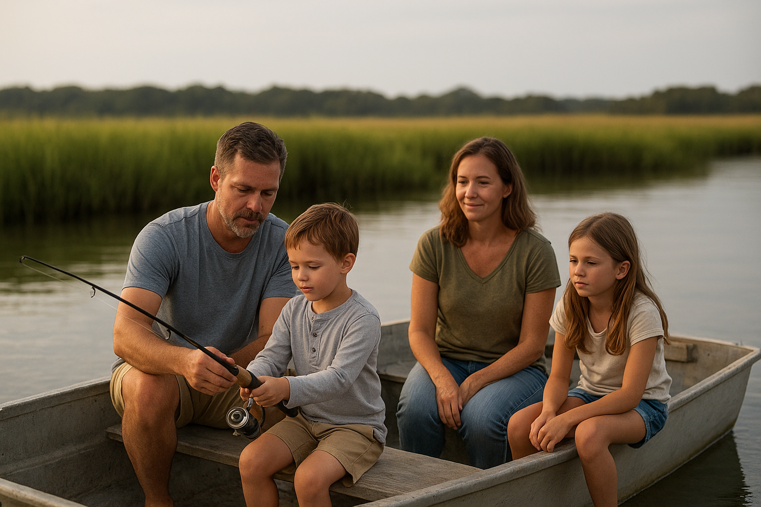 Family enjoying an inshore charter fishing near me trip in a Carolina coastal creek