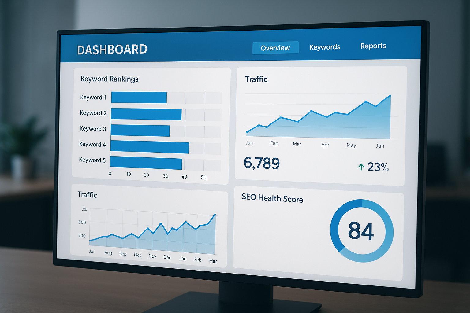 SEMrush platform dashboard showing keyword rankings and SEO health data
