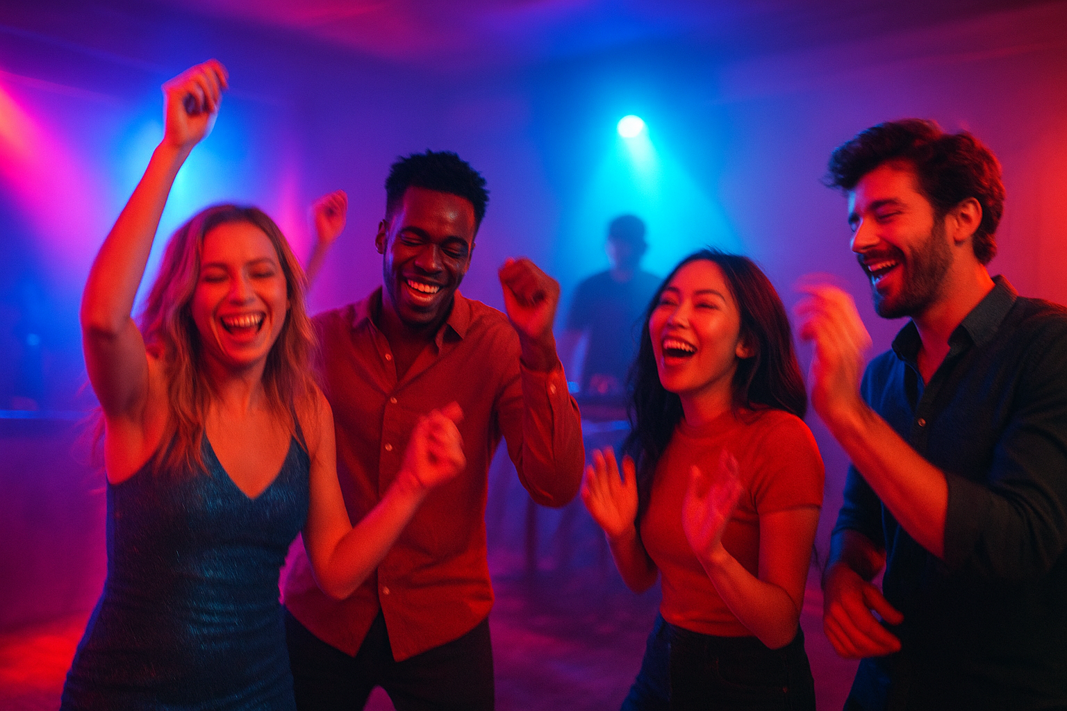 Guests dancing under colorful uplighting at a private party in Evansville Indiana