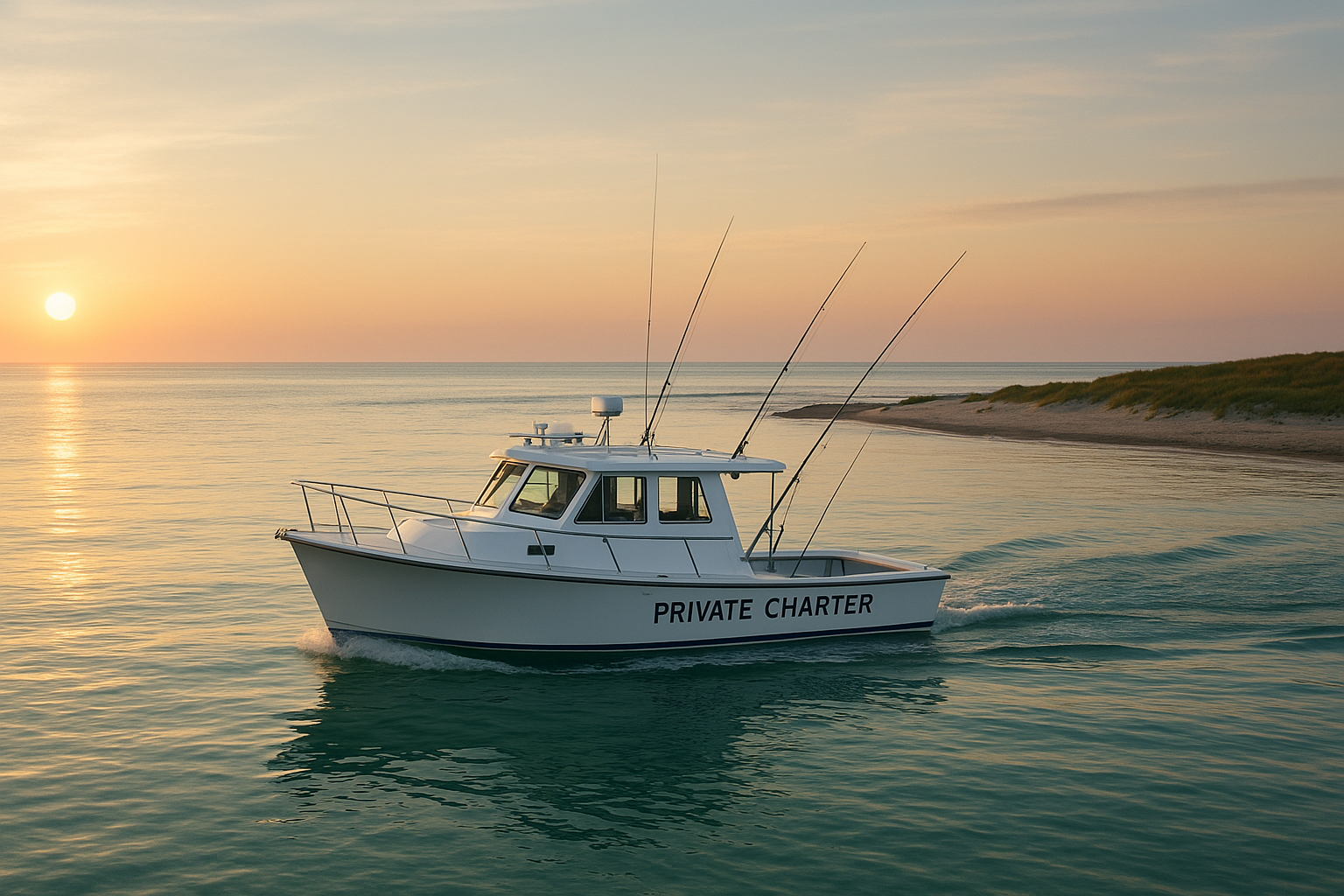 Private charter boat departing Murrells Inlet for a deep sea fishing trip at sunrise