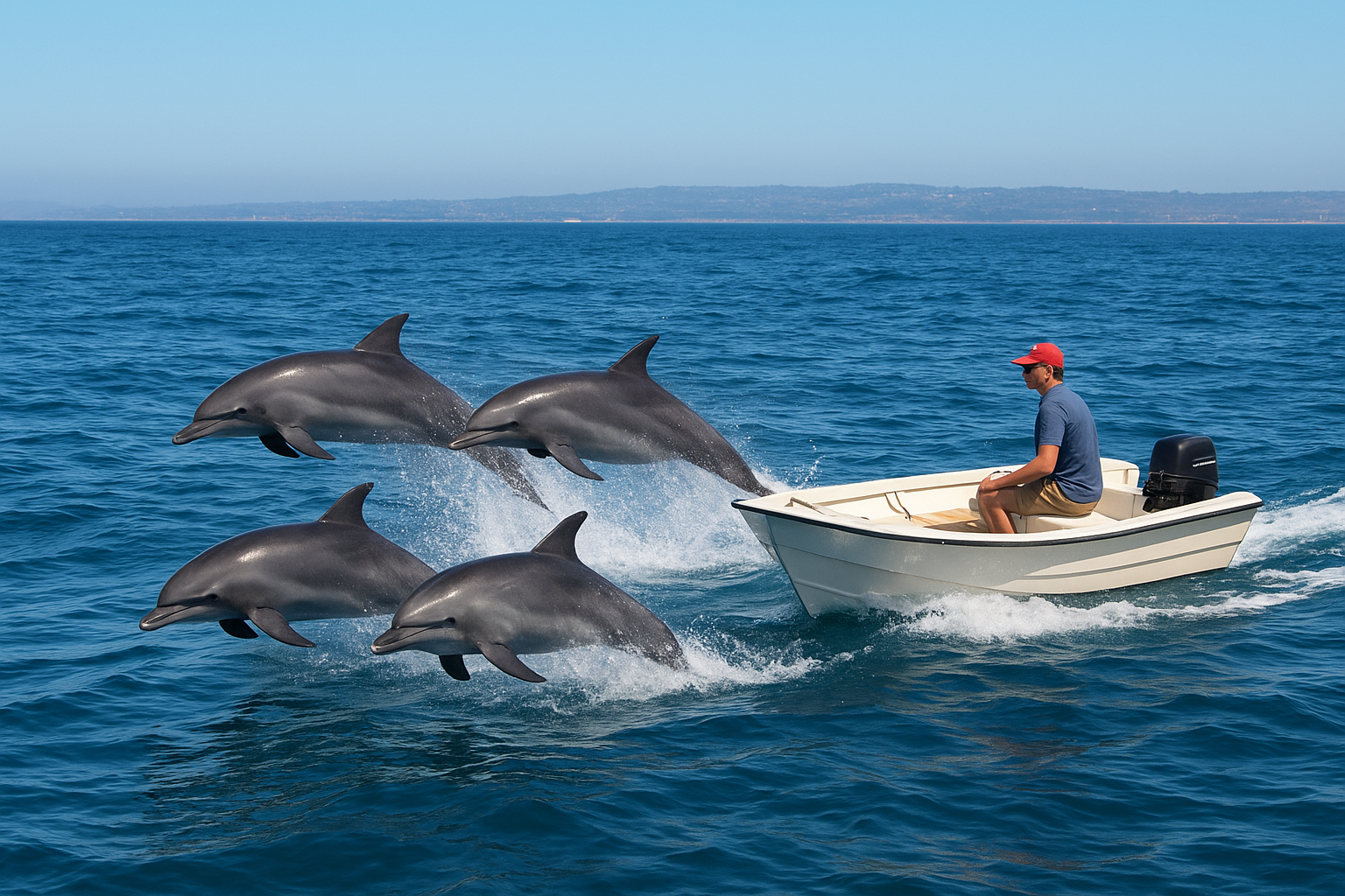 Dolphins leaping alongside a whale watching charter boat off the San Diego coast